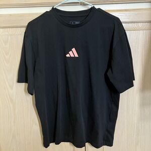 Adidas Training Shirt Mens Size Small Oversized Fit Pink Logo Front & Text on BK